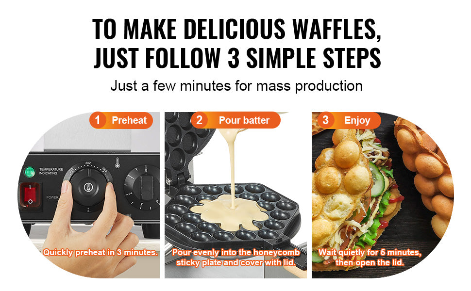 SucceBuy Commercial Egg Bubble Waffle Maker With Dual Pans